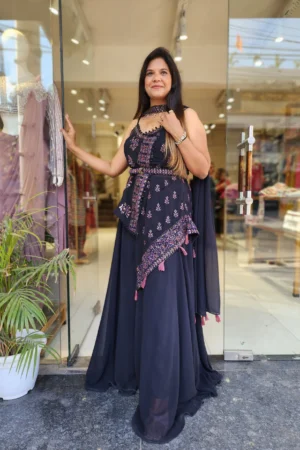 Indo-western pattern fuax georgette kurti with dupatta, belt and plazo