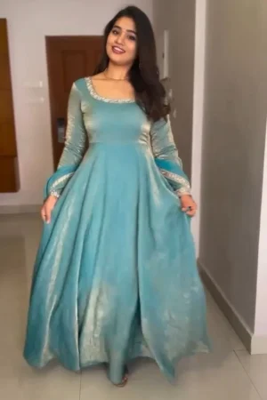 Women Sky Blue Anarkali Gown for Festive and Party Wear with Elegant Flare