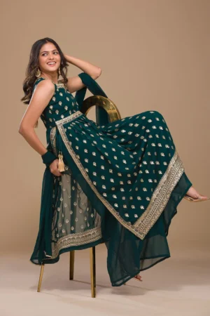 Peacock Blue Zariwork Georgette Readymade Salwar Suit