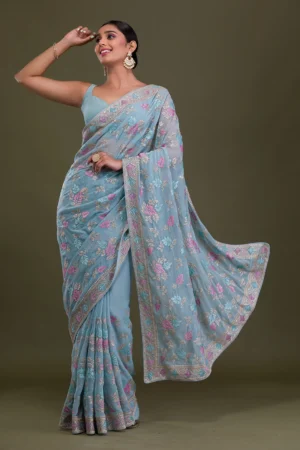 Sky Blue Zariwork Georgette Saree