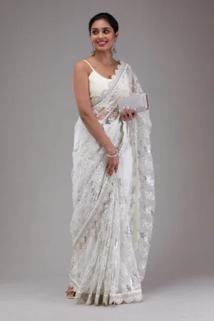 White Threadwork Net Saree