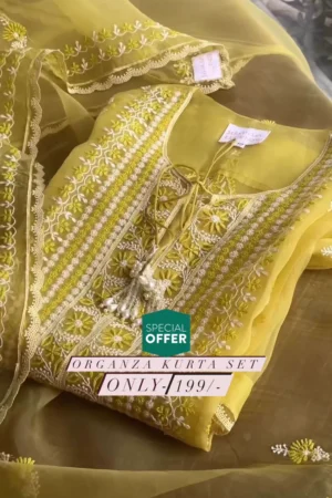 ORGANZA APPLIQUE TOP & DUP & PENT SET PRUSSIAN YELLOW COLOUR